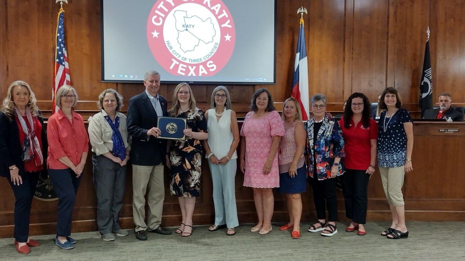 In commemoration of the 236th anniversary of the U.S. Constitution, members of the Katy Star of Destiny Chapter of the Daughters of the American Revolution received the Proclamation for Constitution Week, September 17-23, 2023 presented by Mayor Dusty Thiele at Monday’s City Council meeting. Pictured (left to right): Susan Stormer, Brenda Henning, Laurel Cull, Mayor Thiele, Katy Sheffield, Donna McGee, Stephanie Kinghorn, Jaime Pierce, Jan Vance, Kathy Smith and Claudia Stokes.